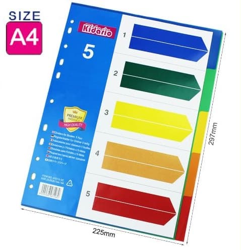 Dividers for Binders 5 Part,No.KID12‐5C, Size:22.5x29.7cm/A4