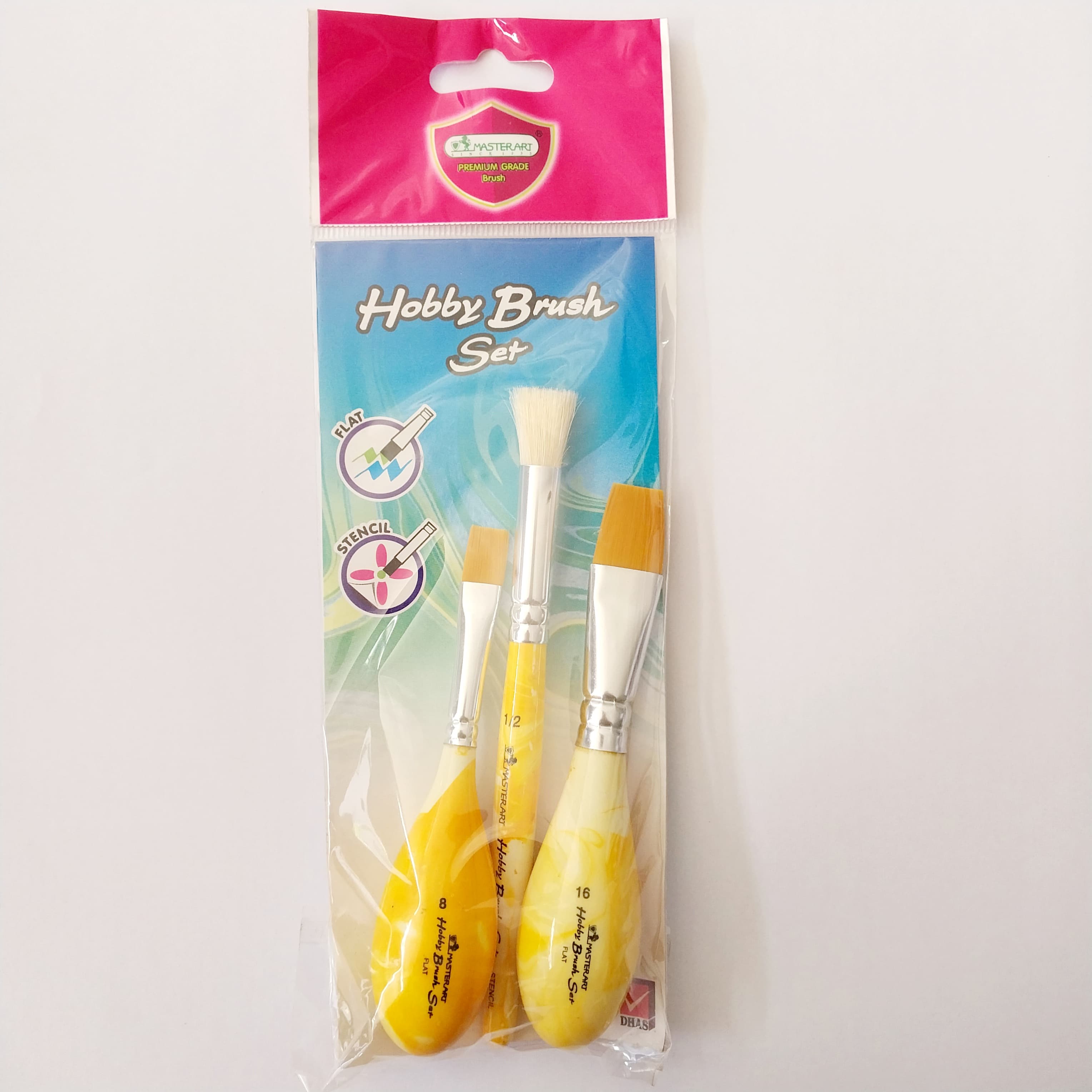 Master Art Hobby Brush Set 3pcs: Flat Brush No. 8 & 16, Stencil No. 1/2