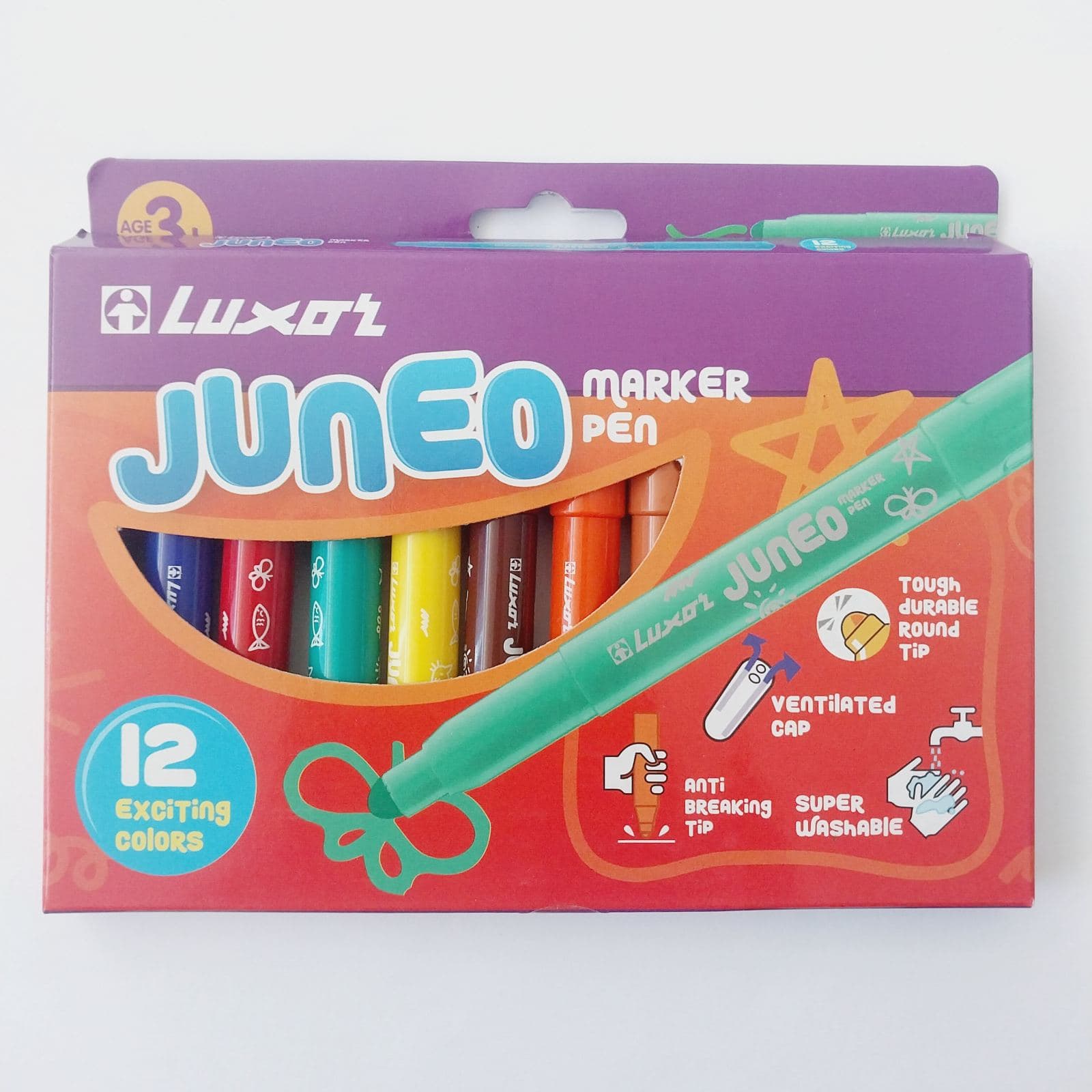 Luxor , Super washable Juneo Marker Pen With Durable Round Anti Breakig Tip, 12 Exiting Colors