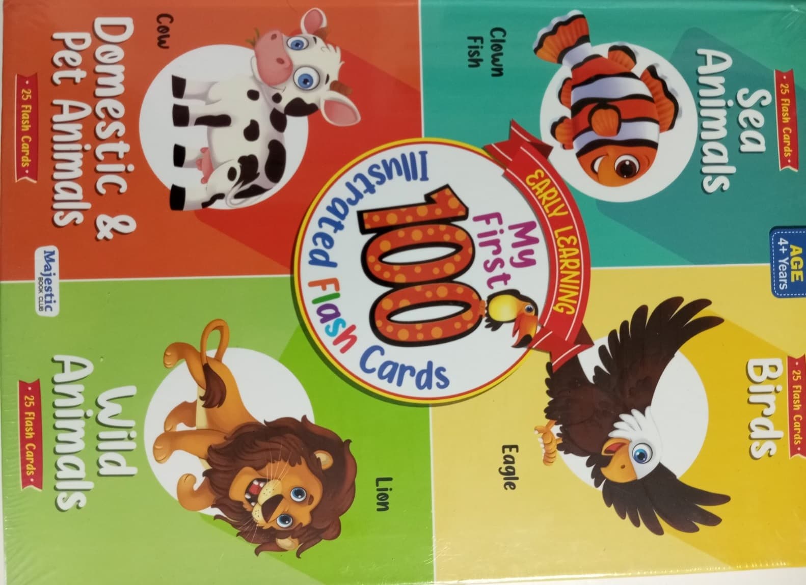 Early Learning : My First 100 Illustrated Flash Cards - Sea Animals, Birds, Domestic Animals & Wild Animals - Majestic Book Club Children Educational