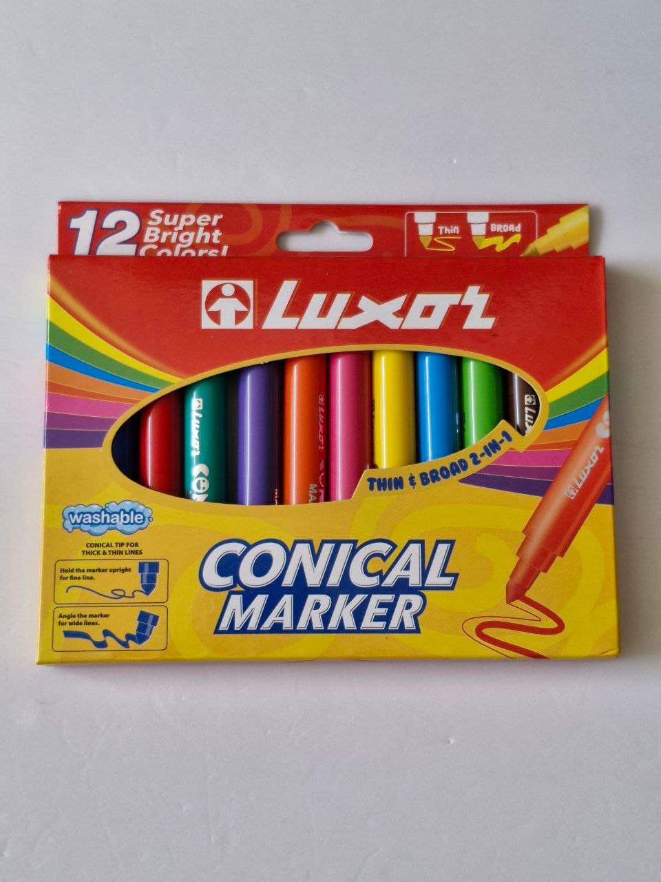 Luxor : Washable Concical Marker, Thin & Broad 2 in 1, 12 Super BrightColors!