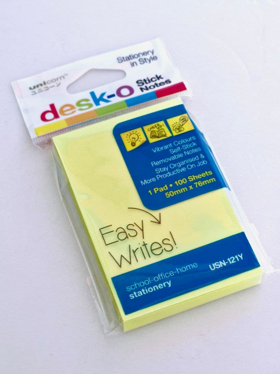 Unicorn: Desk-o Stick Notes 2x3" Yellow Colour, 100 Sheets, USN-121Y
