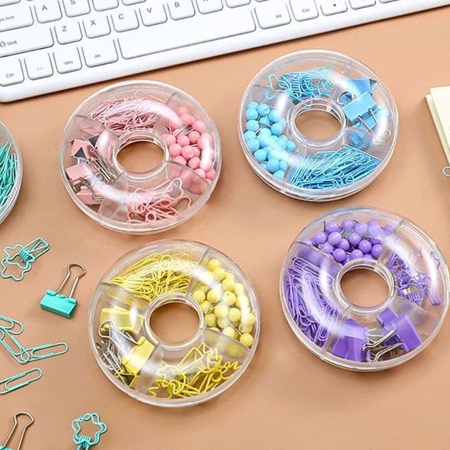 Multi Color Clips And Push Pin Mix Pack in a Donut shape clear container