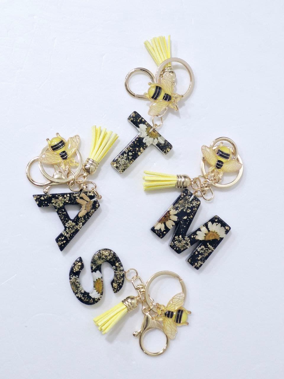 Initial Keychain with Golden Bee Charm and Yellow Tassel