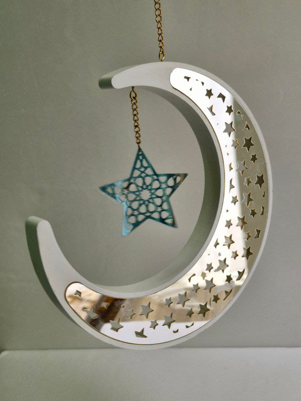 Hanging Wooden Ornament, Gold/White Moon and Star, 19x19x1.8cm