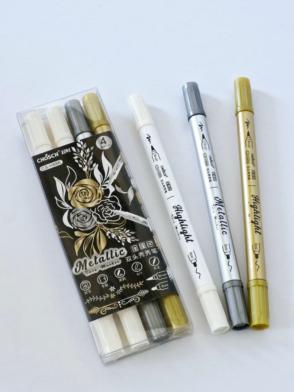 Chosch Metallic Twin Markers - White, Sliver and Gold 4 pcs in 1 Pack, CS-H886