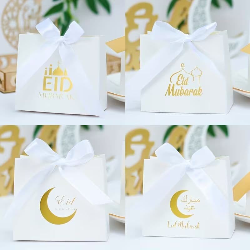 Eid Mubarak Gift Bags | White Golden Ribbon Gift Packing Boxes, Ramadan and Eid