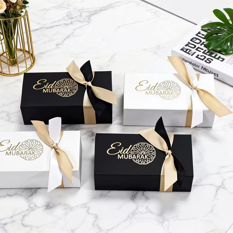Eid Mubarak Luxury Gift Boxes with Dual Color Ribbon, Elegant Rectangular Gift Package
