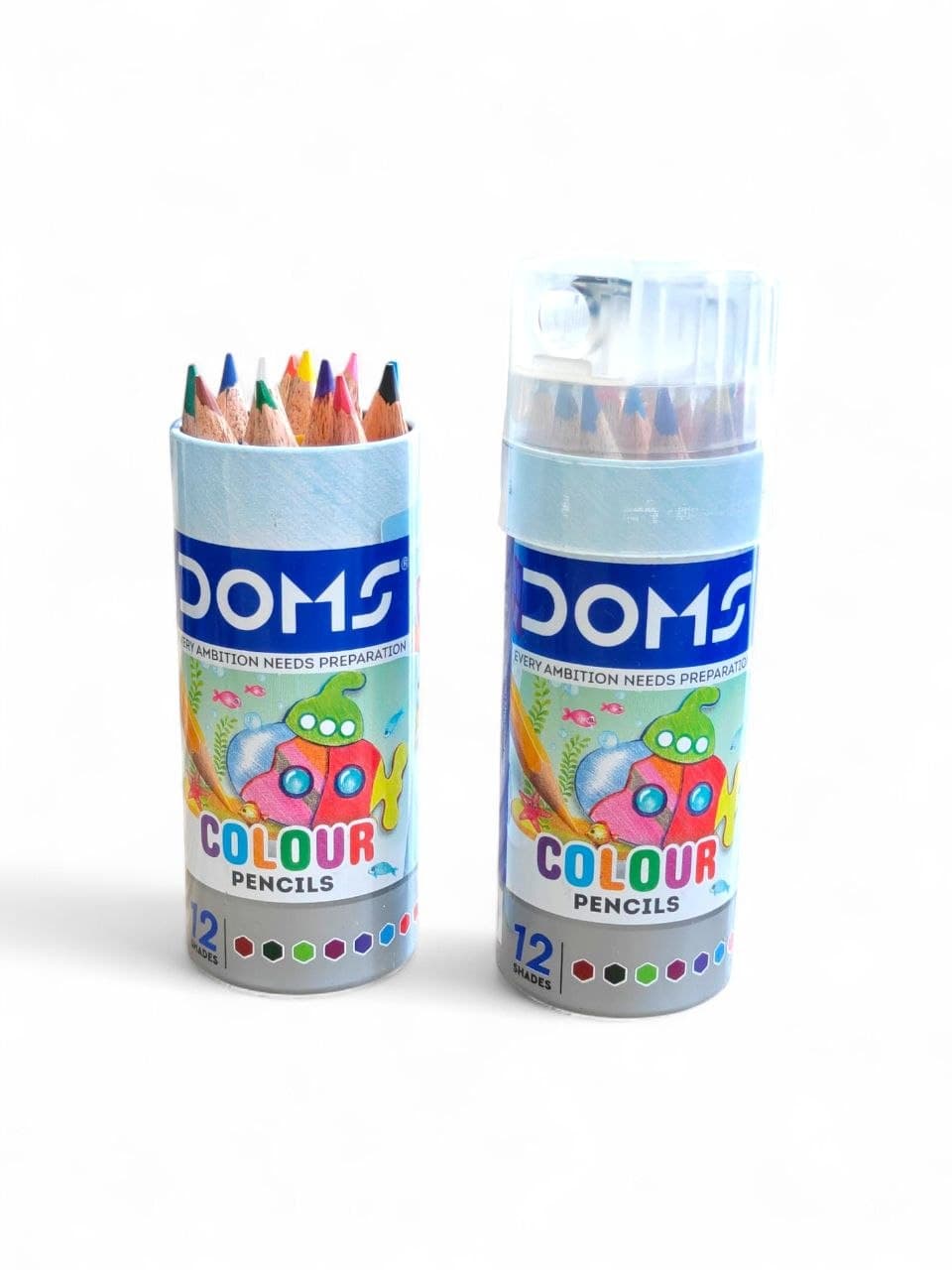 DOMS colour pencils 12 shades with Sharpener on Lid Art No. 8721