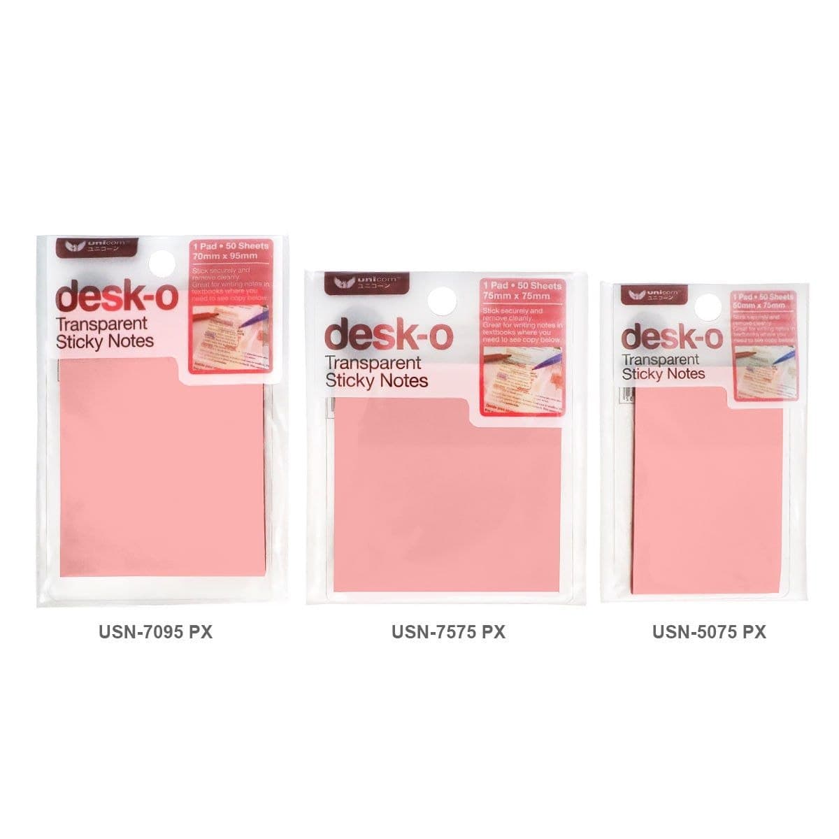 Unicorn: Desk-o Transparent Stick Notes 3x3" Pink Colour, 50 Sheets, USN-7575PX