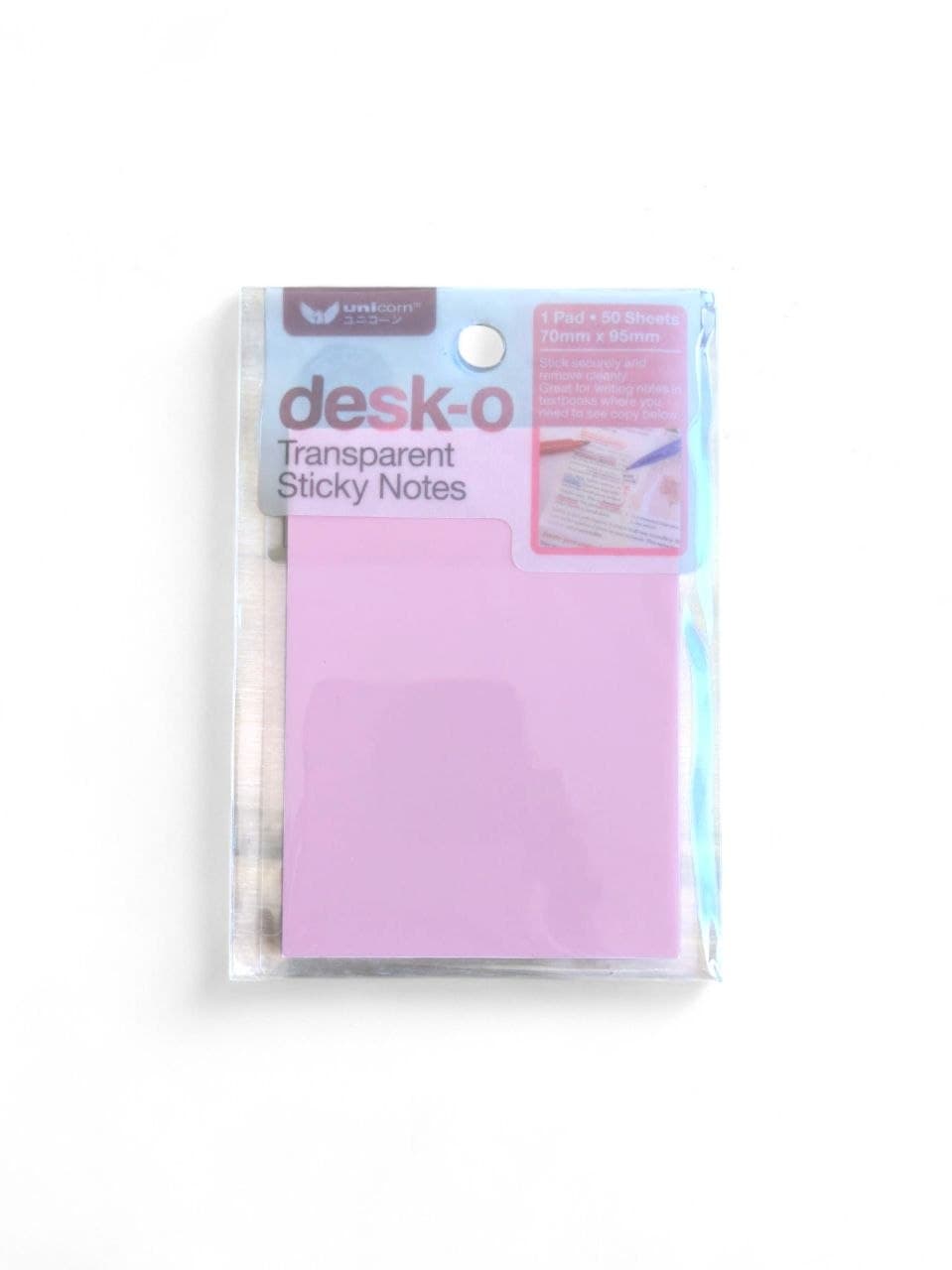 Unicorn: Desk-o Transparent Stick Notes 70X95mm Pink Colour, 50 Sheets, USN-7095PX